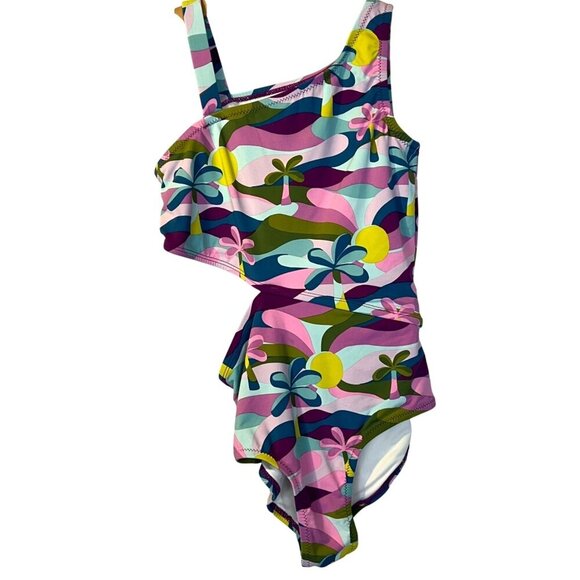 Garnet Hill Girls One Piece Swimsuit 10 Palm Print Multicolor Tropical Vacation - Picture 1 of 4